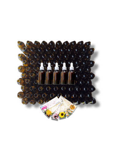 Pack de 110 frascos de vidrio ámbar 30 ml con pipeta y etiquetas florales. Aliados ideales para preparados de terapia floral.