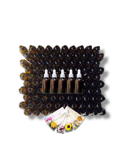 Pack de 110 frascos de vidrio ámbar 30 ml con pipeta y etiquetas florales. Aliados ideales para preparados de terapia floral.