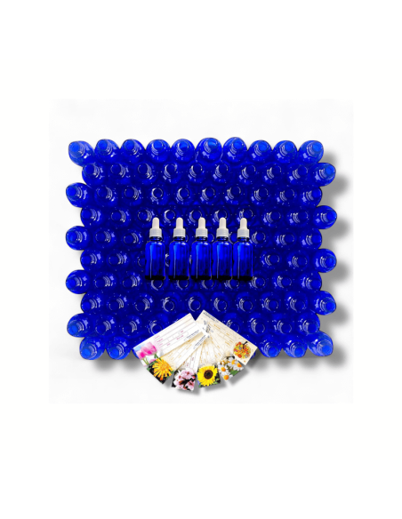 Pack de 110 frascos de vidrio Azul 30 ml con pipeta y etiquetas florales. Aliados ideales para preparados de terapia floral.