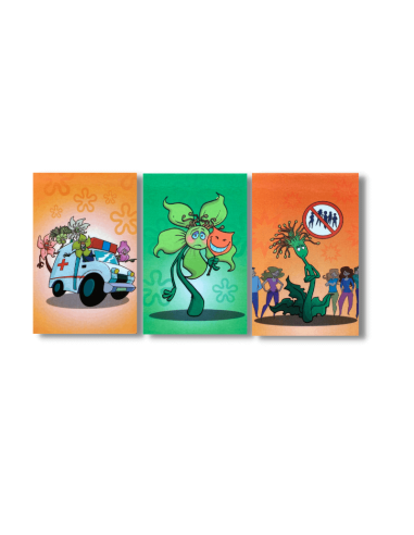 Set de cartas ilustradas con caricaturas para niños, representando las 38 flores de Bach