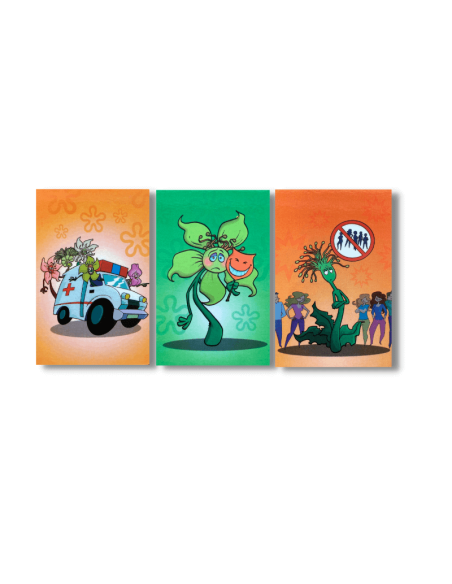 Set de cartas ilustradas con caricaturas para niños, representando las 38 flores de Bach