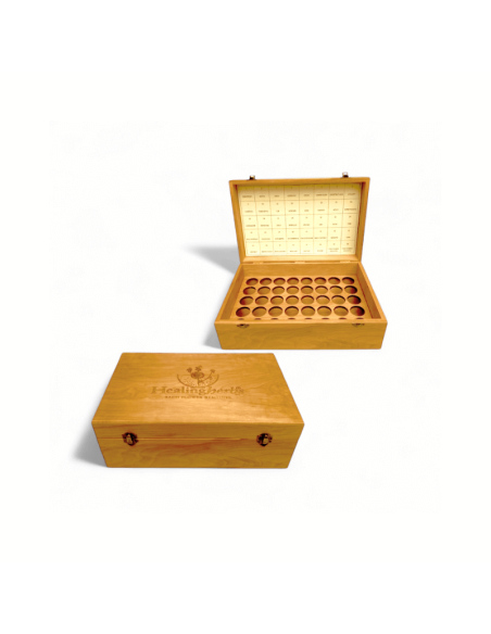 Caja de madera nativa de lenga para 40 esencias de 30 ml. Compatible con sets Healing Herbs