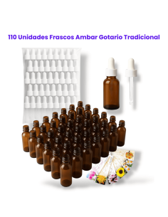 Pack de 110 frascos de vidrio ámbar 30 ml con pipeta y etiquetas florales. Aliados ideales para preparados de terapia floral.
