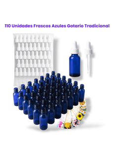 Pack de 110 frascos de vidrio Azul 30 ml con pipeta y etiquetas florales. Aliados ideales para preparados de terapia floral.